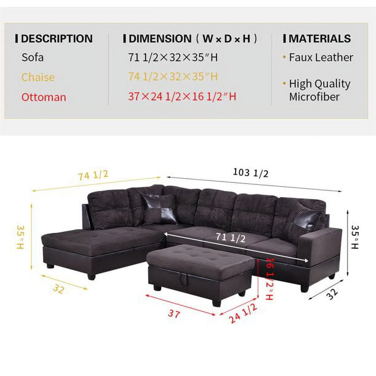 104" Sectional Sofa & Chaise with Ottoman Microfiber and faux leather upholstery Espresso Left Hand Facing L364550
