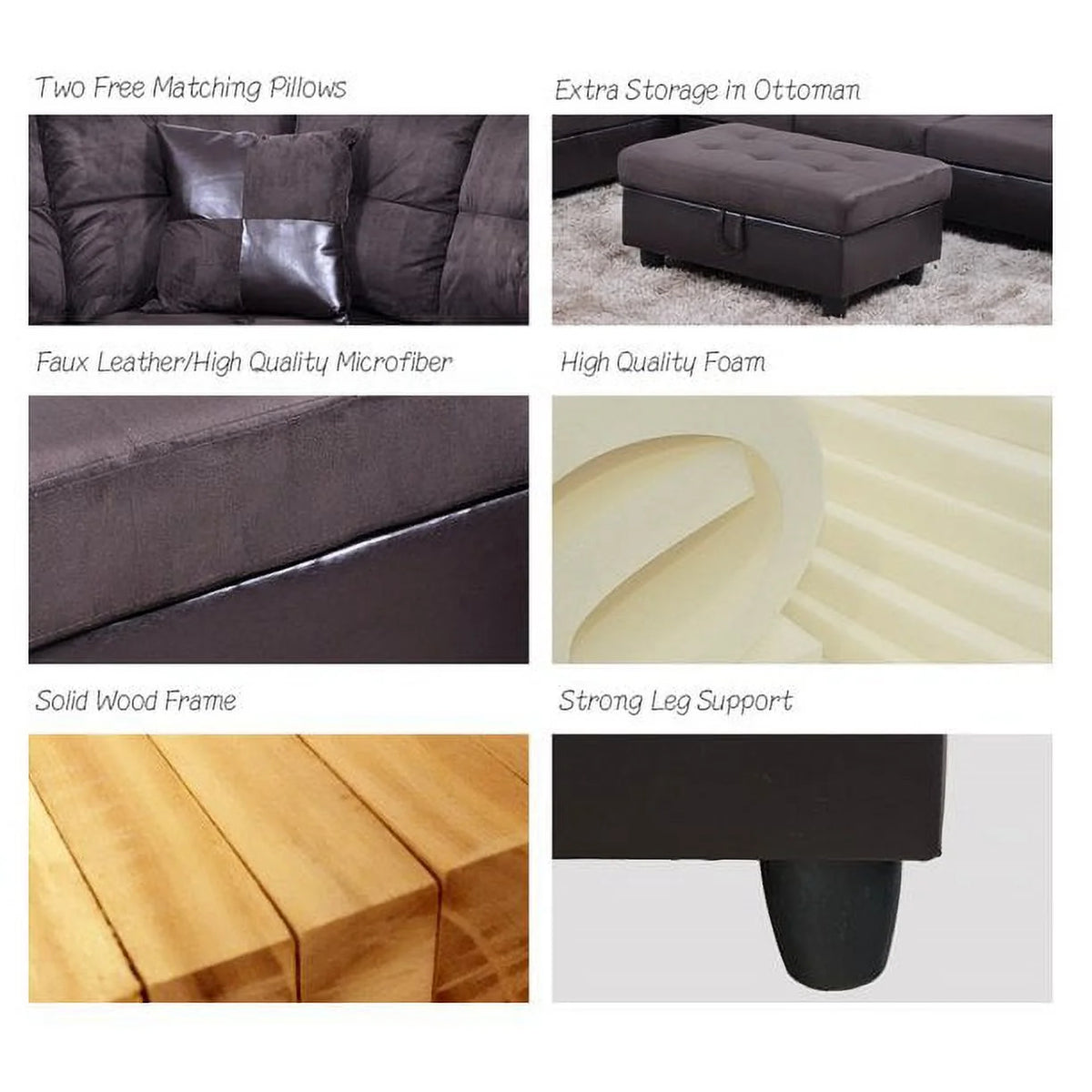 104" Sectional Sofa & Chaise with Ottoman Microfiber and faux leather upholstery Espresso Left Hand Facing L364550