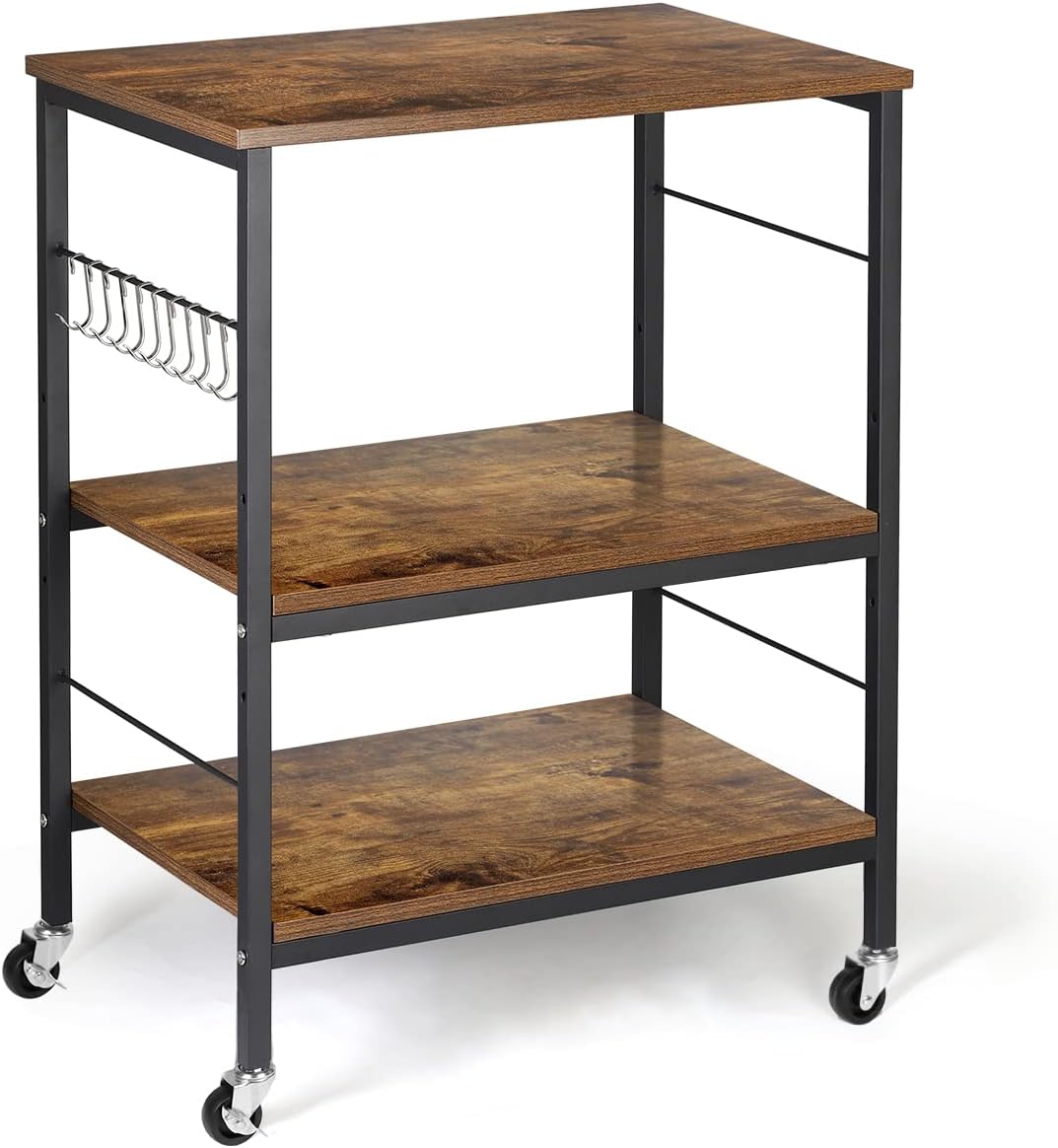 3-Tier Rolling Kitchen Cart with 10 Hooks and Adjustable Shelves Z587197
