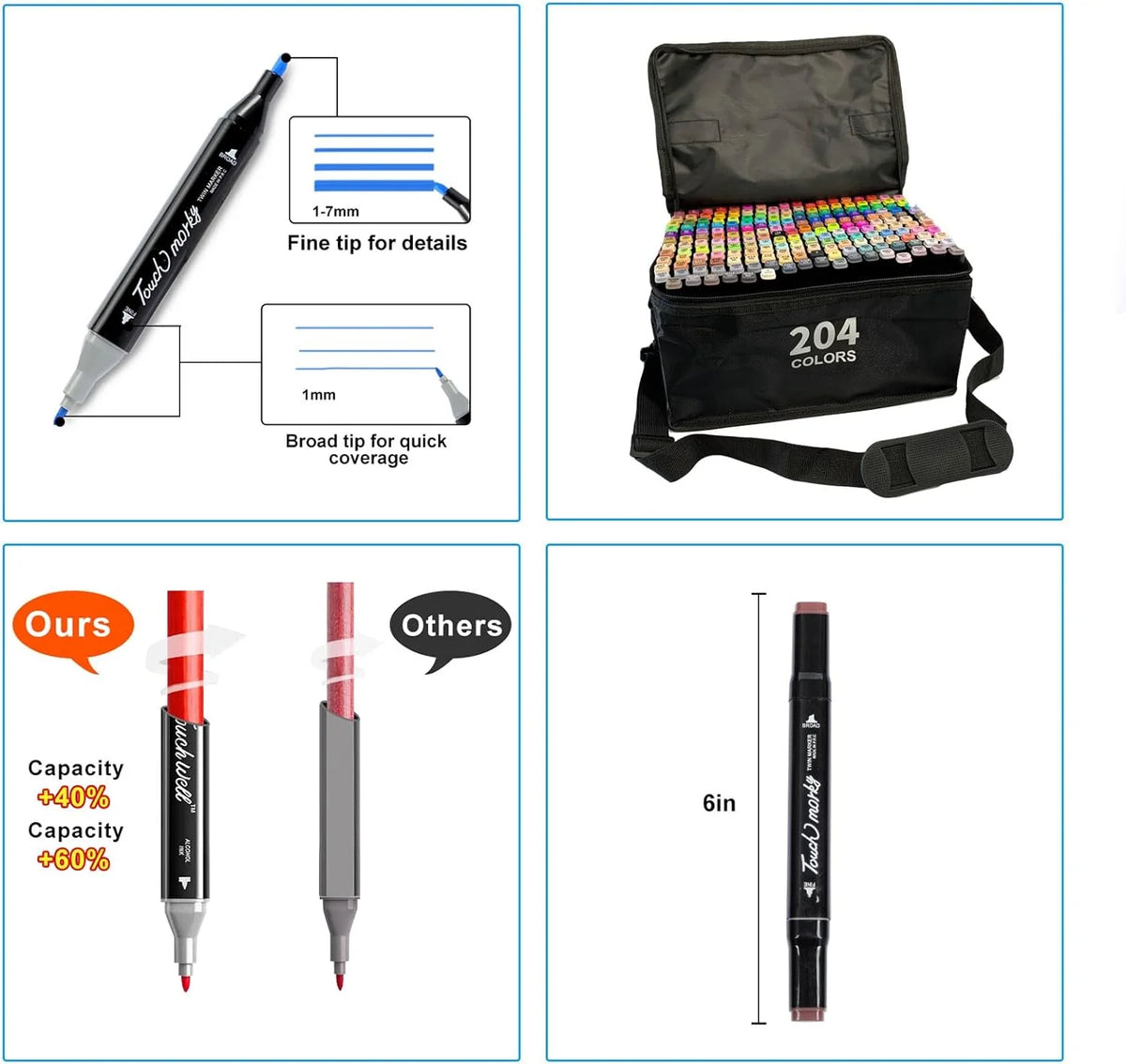 204 Colors Alcohol-Based Art Markers with Chisel and Fine Tip K1589