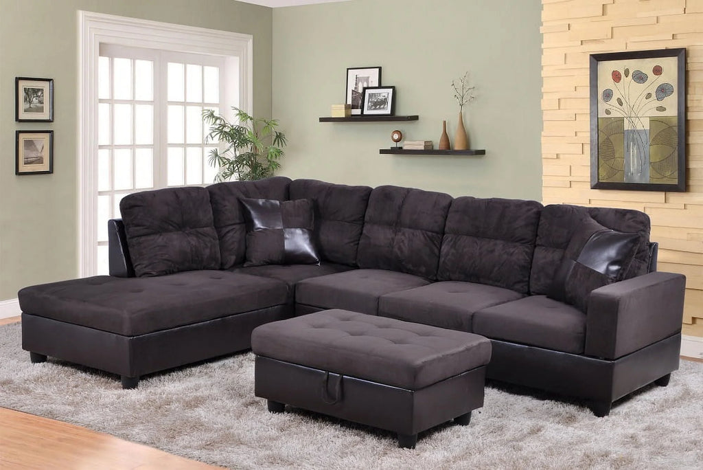 104" Sectional Sofa & Chaise with Ottoman Microfiber and faux leather upholstery Espresso Left Hand Facing L364550