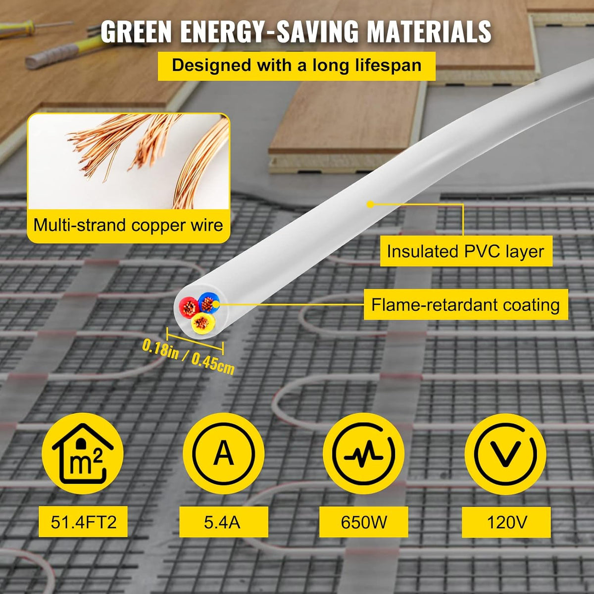 72.7 Square Feet Waterproof Insulated Floor Heating Cable with Temperature Control Panel E589