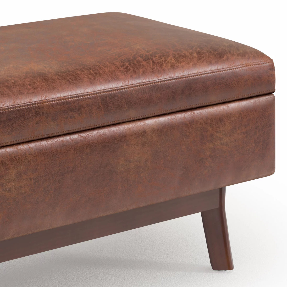 36 inch Wide Small Rectangular Storage Ottoman in Distressed Saddle Brown Vegan Faux Leather P294327