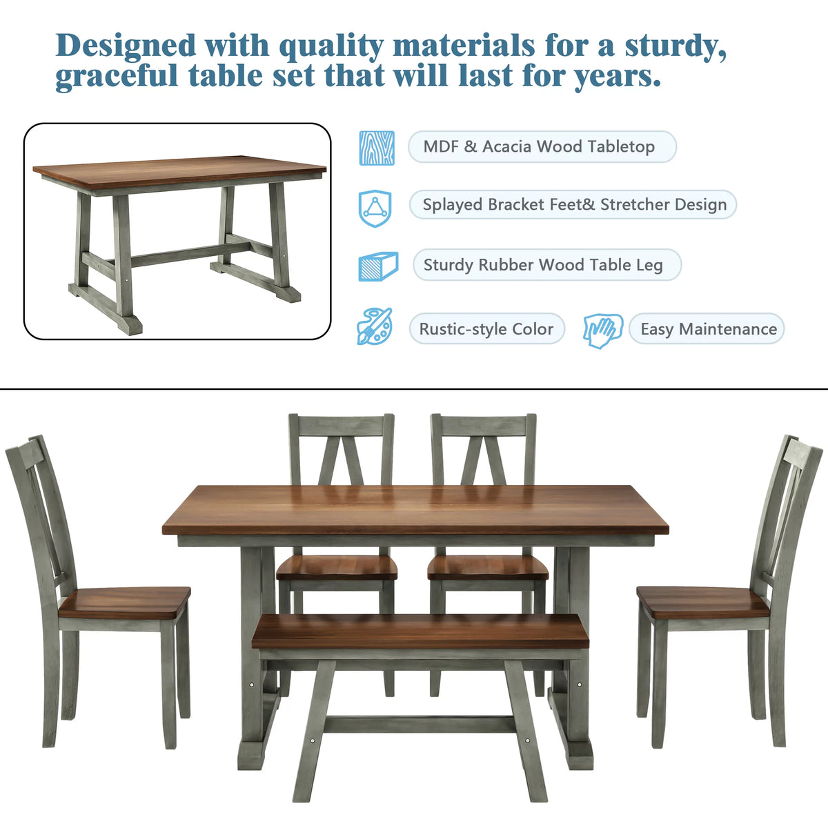 6 Piece Solid Wood Dining Room Set with Bench and 4 Chairs M4701