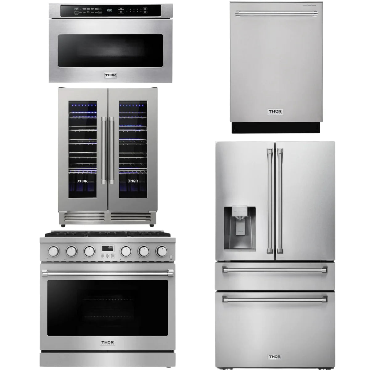 36 Gas Range, Refrigerator, Dishwasher, Microwave and Wine Cooler A366512