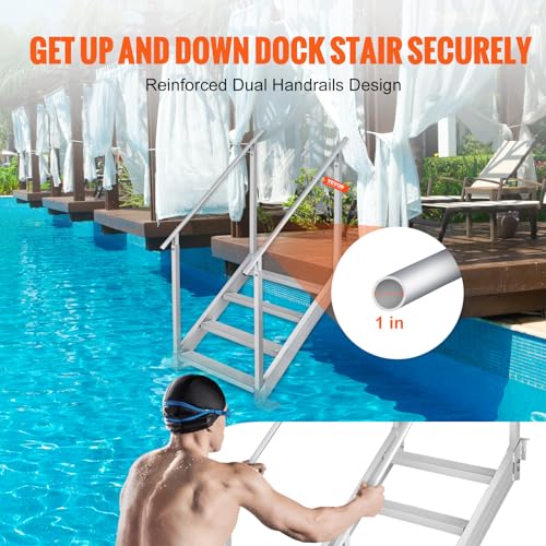 4 Steps 500lbs Adjustable Aluminum Dock Stairs with Handrails J68799