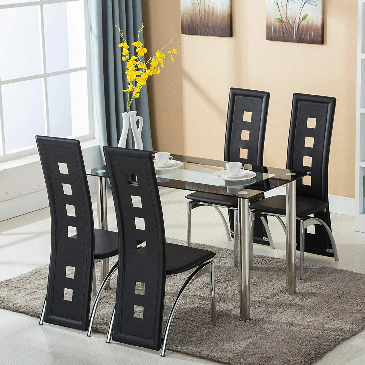 5 Piece Tempered Glass Dining Table Set with 4 Chairs Y13185