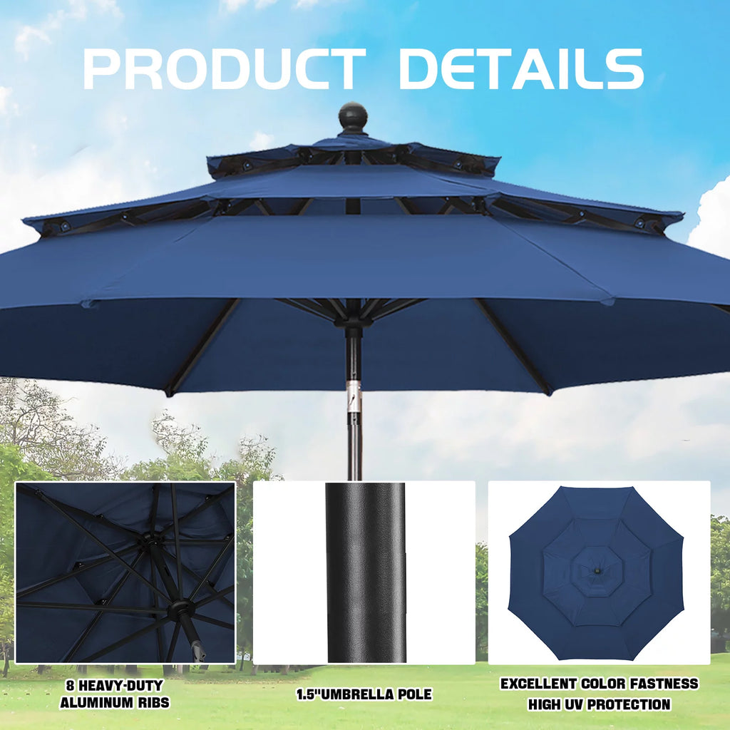 10FT 3 Tiers Adjustable Crank and Tilt Khaki Patio Umbrella E85068