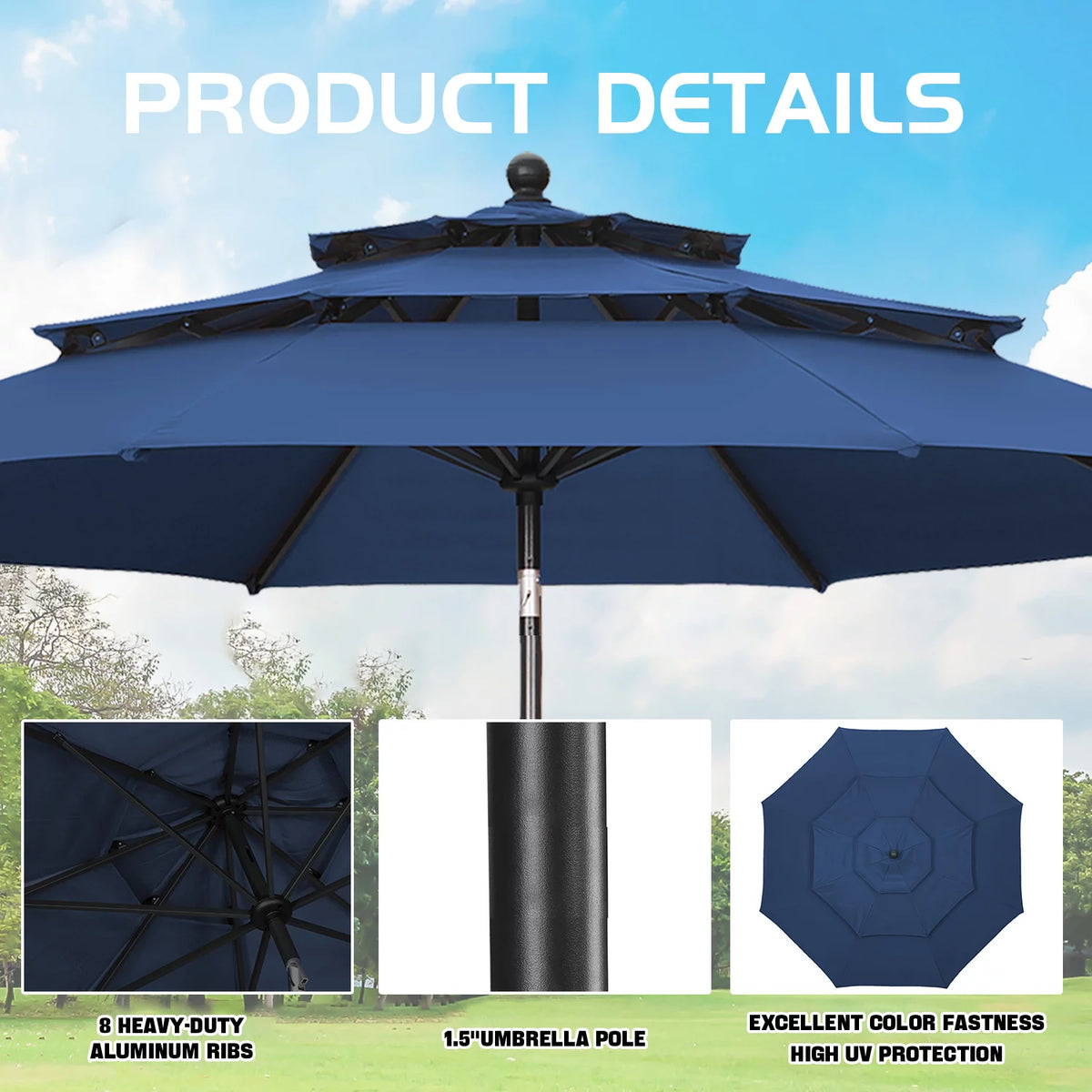 10FT 3 Tiers Adjustable Crank and Tilt Khaki Patio Umbrella E85068