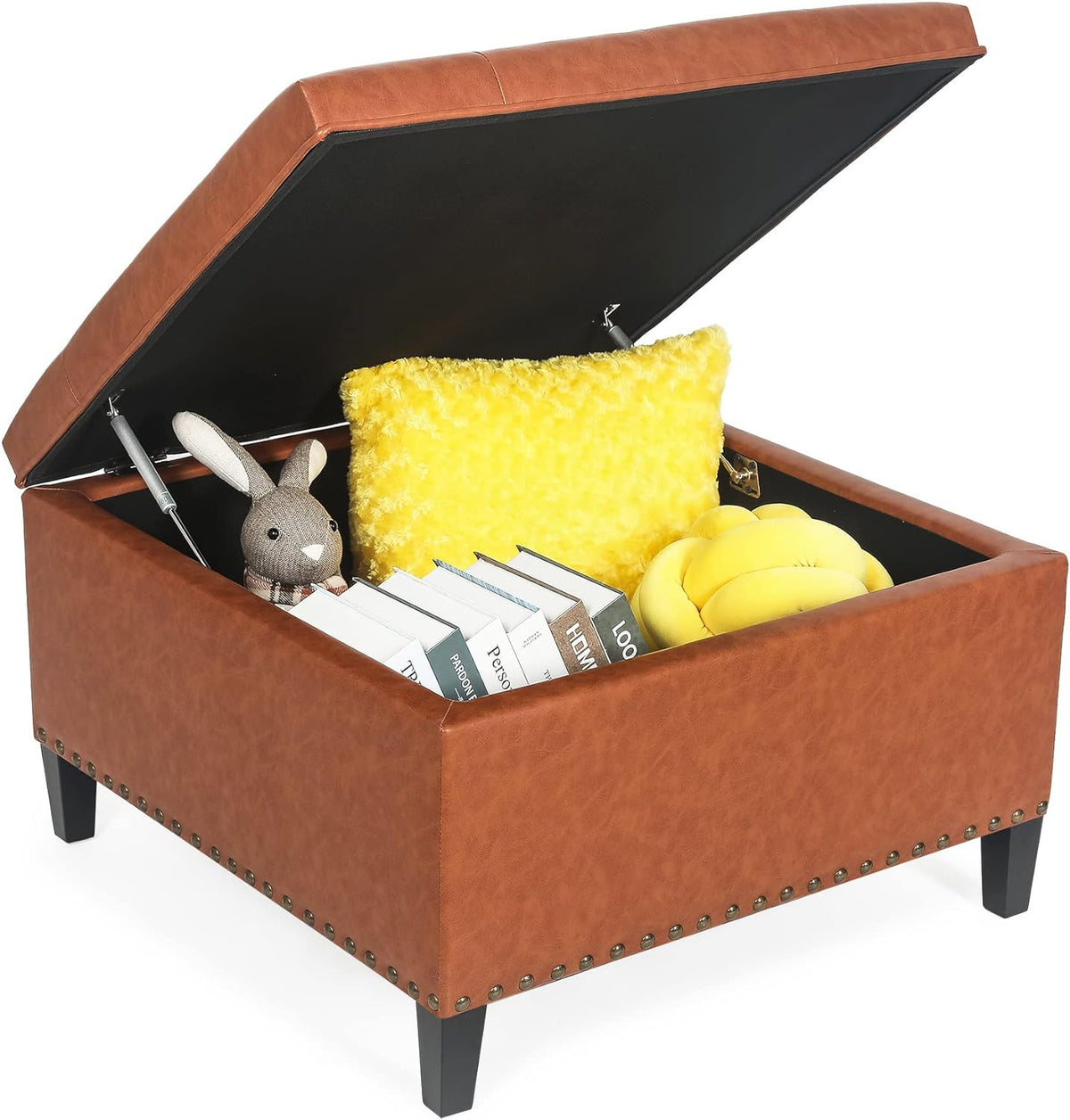 Camel Faux Leather Storage Ottoman Bench with Wood Legs E48294