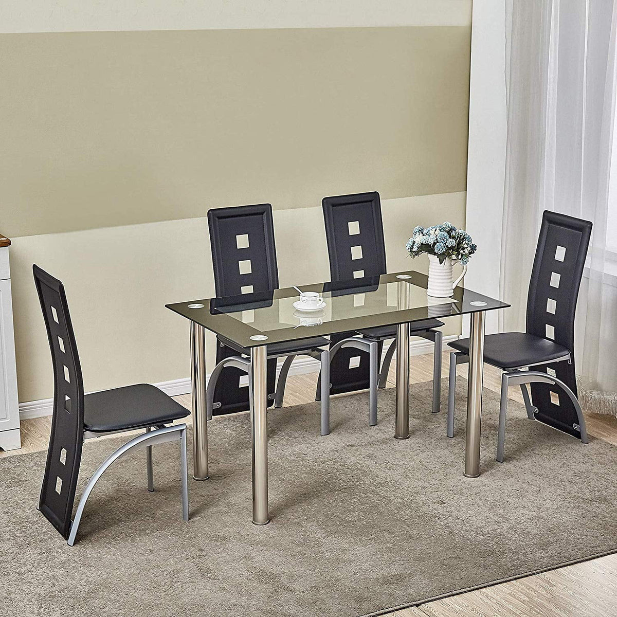 5 Piece Tempered Glass Dining Table Set with 4 Chairs Y13185
