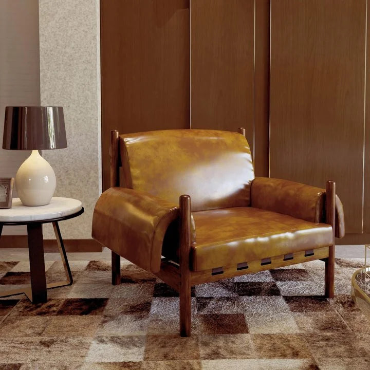 Brown Tall Back Accent Chair with Arms Solid Wood Legs S898104
