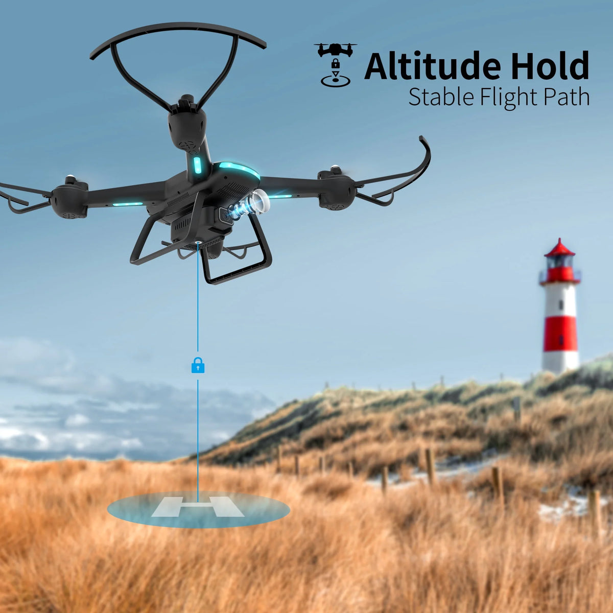 Black 1080P HD Camera Drone with LED Lights and 2 Batteries Z352422