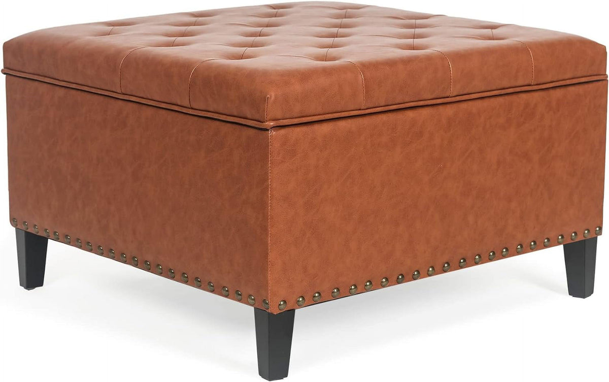 Camel Faux Leather Storage Ottoman Bench with Wood Legs E48294