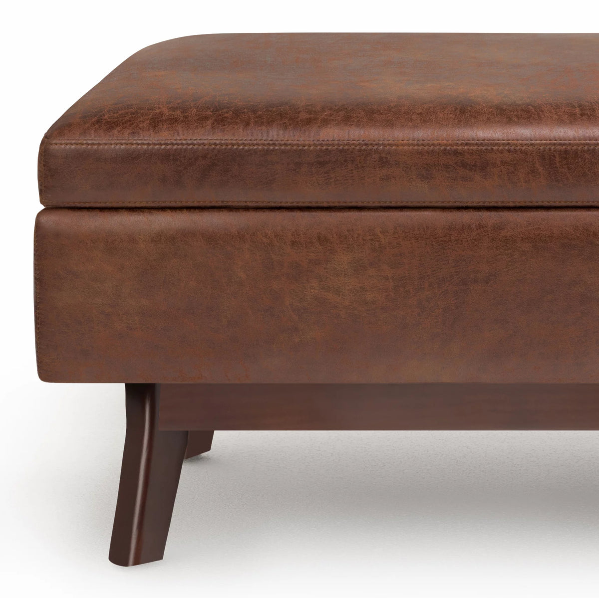 36 inch Wide Small Rectangular Storage Ottoman in Distressed Saddle Brown Vegan Faux Leather P294327