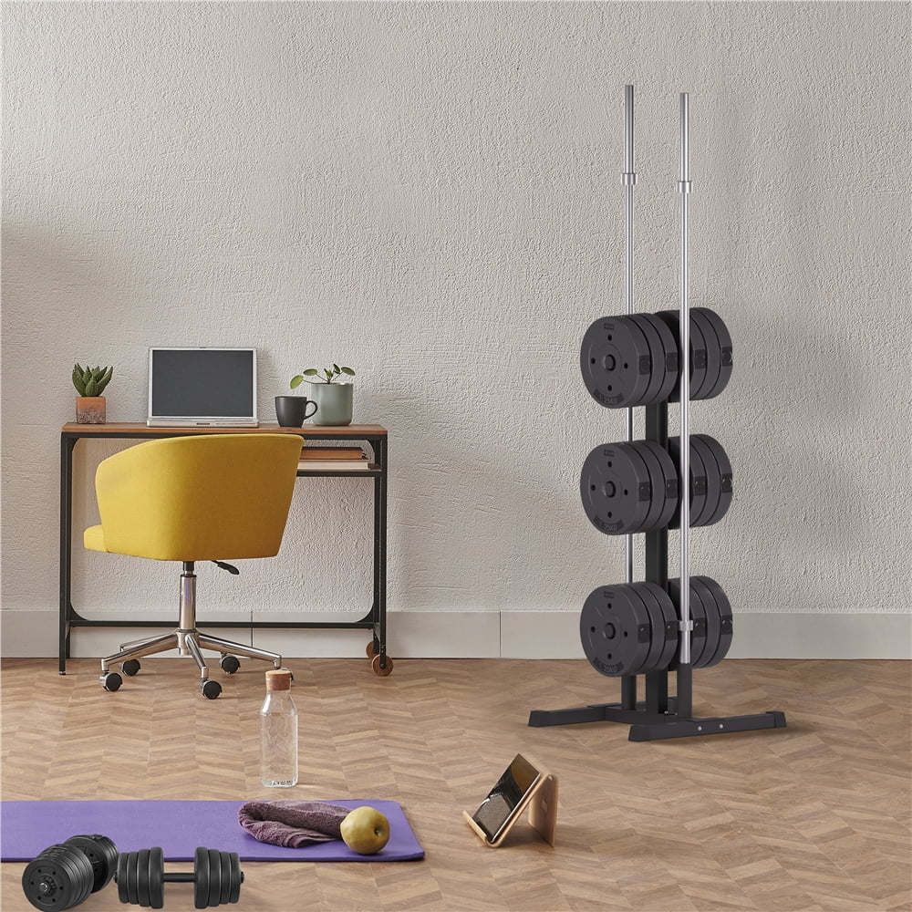 Black Olympic Weight Plate and Bar Holder Tree Stand Rack L7411