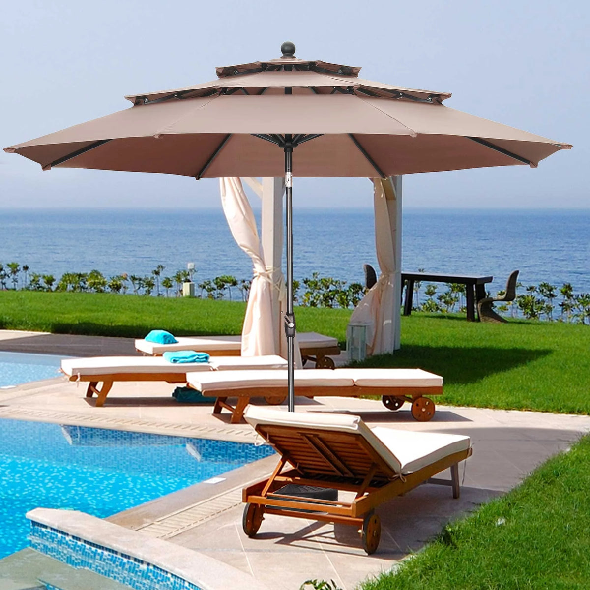 10FT 3 Tiers Adjustable Crank and Tilt Khaki Patio Umbrella E85068