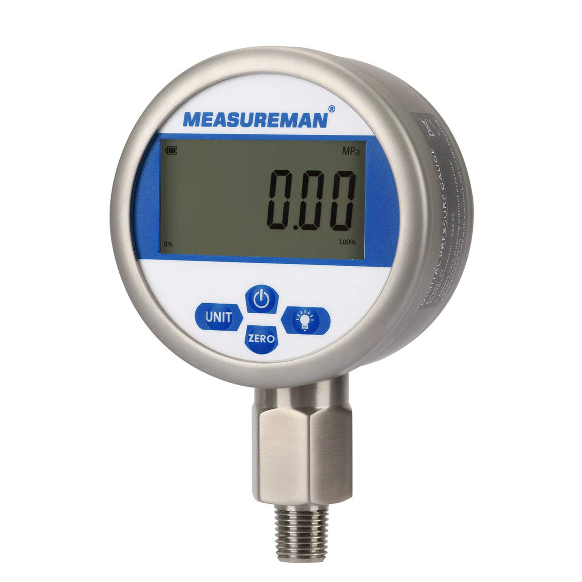 3-1/8 dial Digital Hydraulic Industrial Precision Pressure Gauge with 1/4NPT Lower Mount, Stainless Steel Case, 0-10000psi/bar, 0.4%, Battery Powered, with LED Light P1273