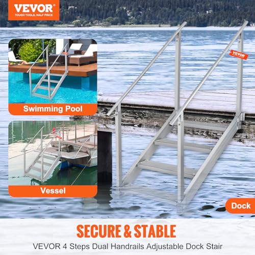 4 Steps 500lbs Adjustable Aluminum Dock Stairs with Handrails J68799