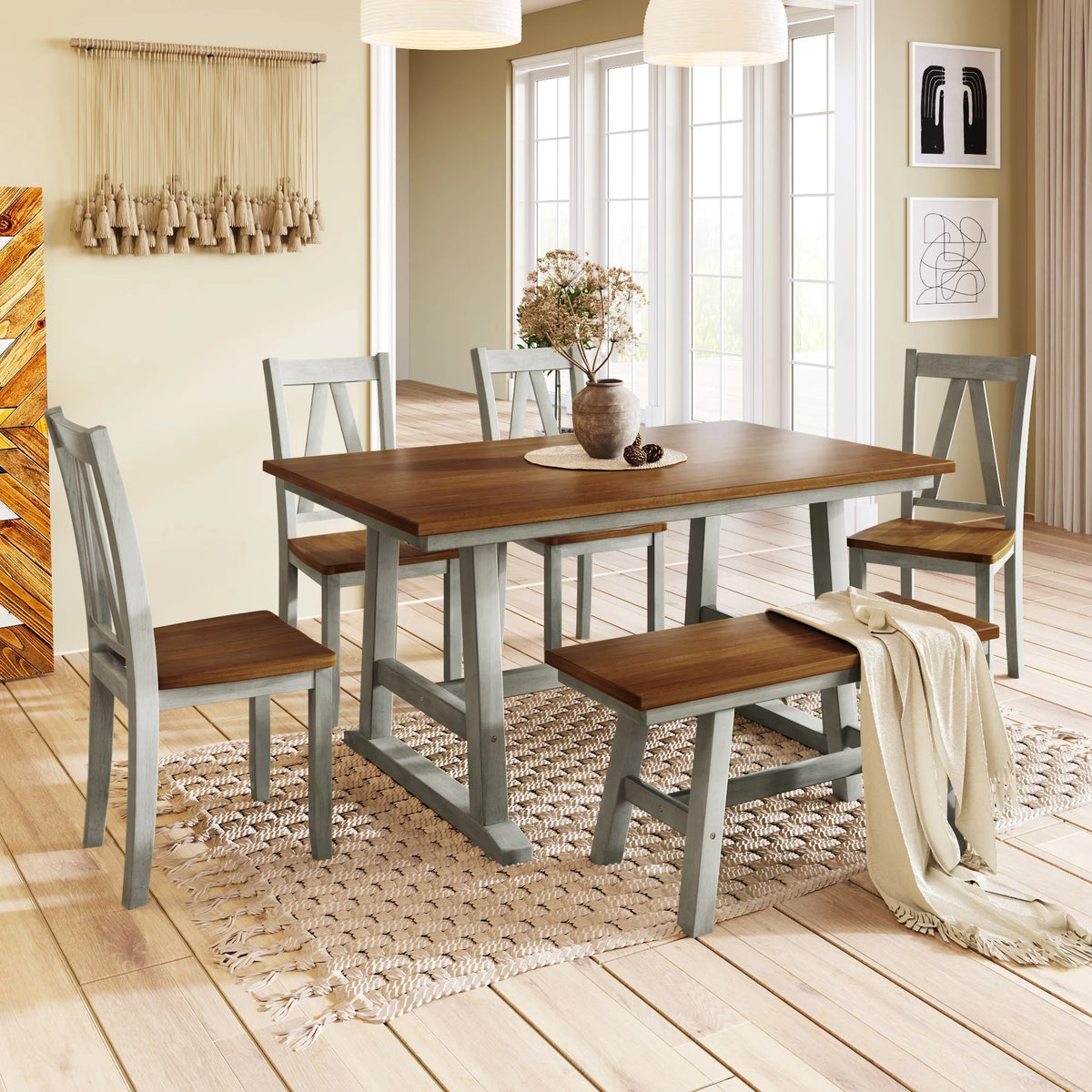 6 Piece Solid Wood Dining Room Set with Bench and 4 Chairs M4701
